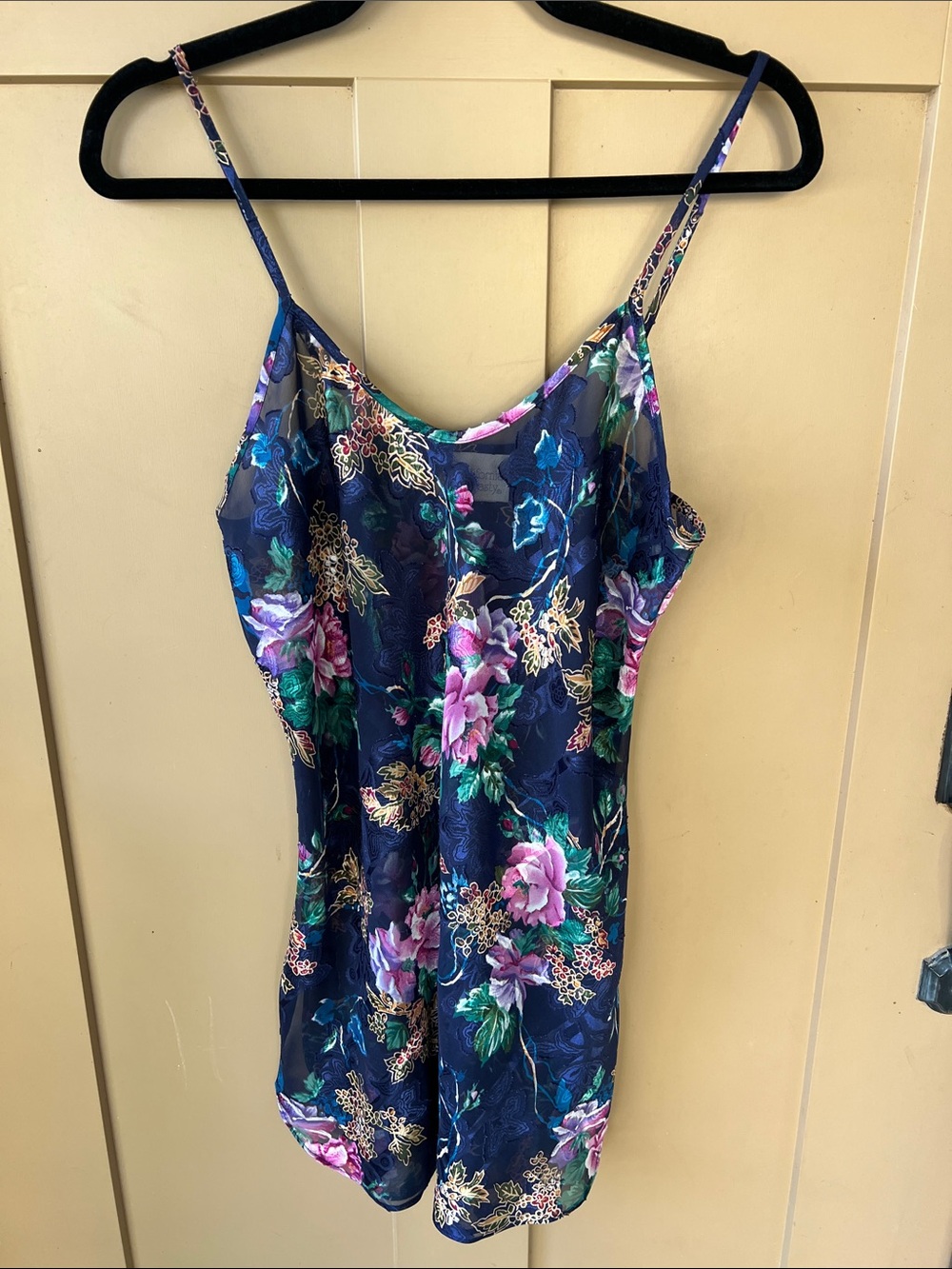 California Dynasty Vintage S Semi Sheer Navy Floral Satin Slip Pink Green Blooms